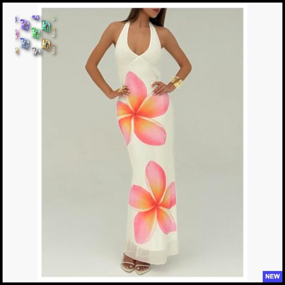 Floral Print Tie Backless Halter Maxi Dress Bodycon Mesh Elegant Chic - Picture 5 of 5